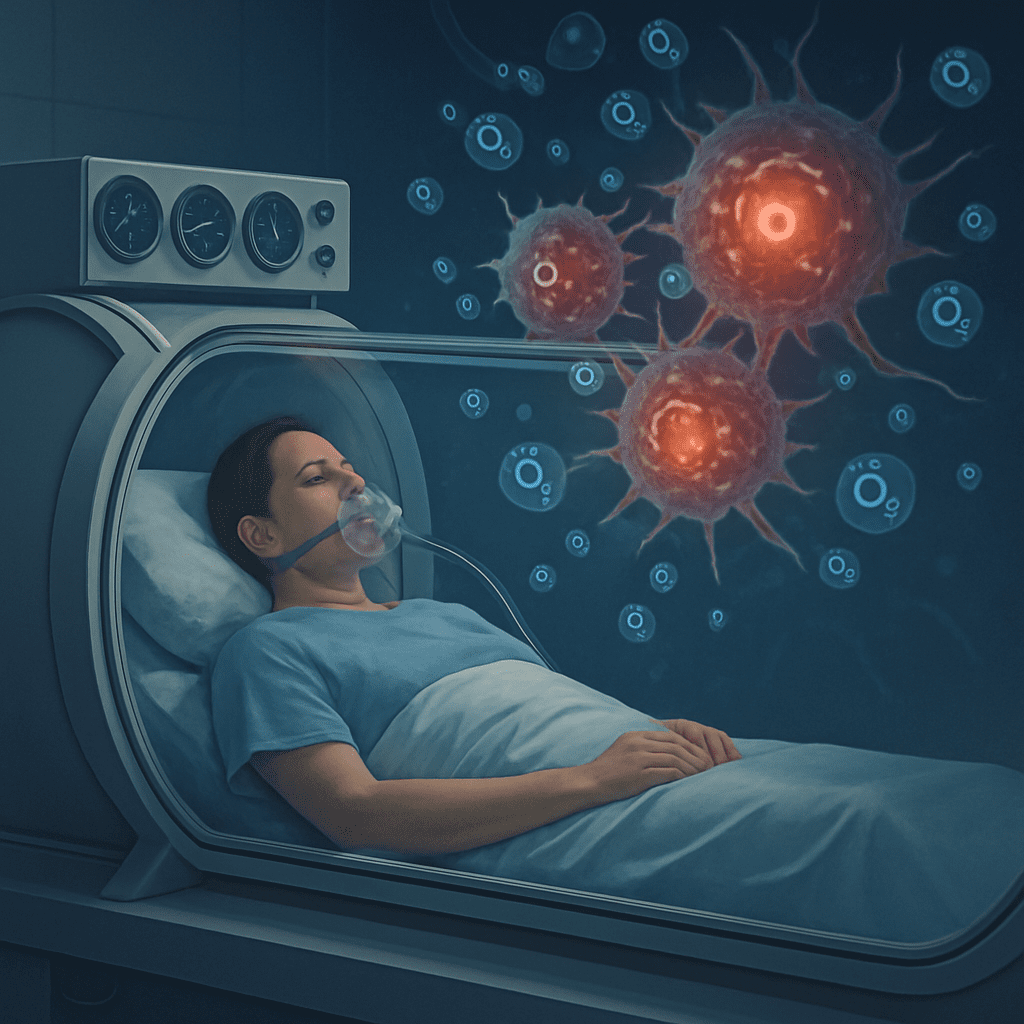 Patient receiving hyperbaric oxygen therapy with oxygen molecules interacting with cancer cells in a clinical setting.